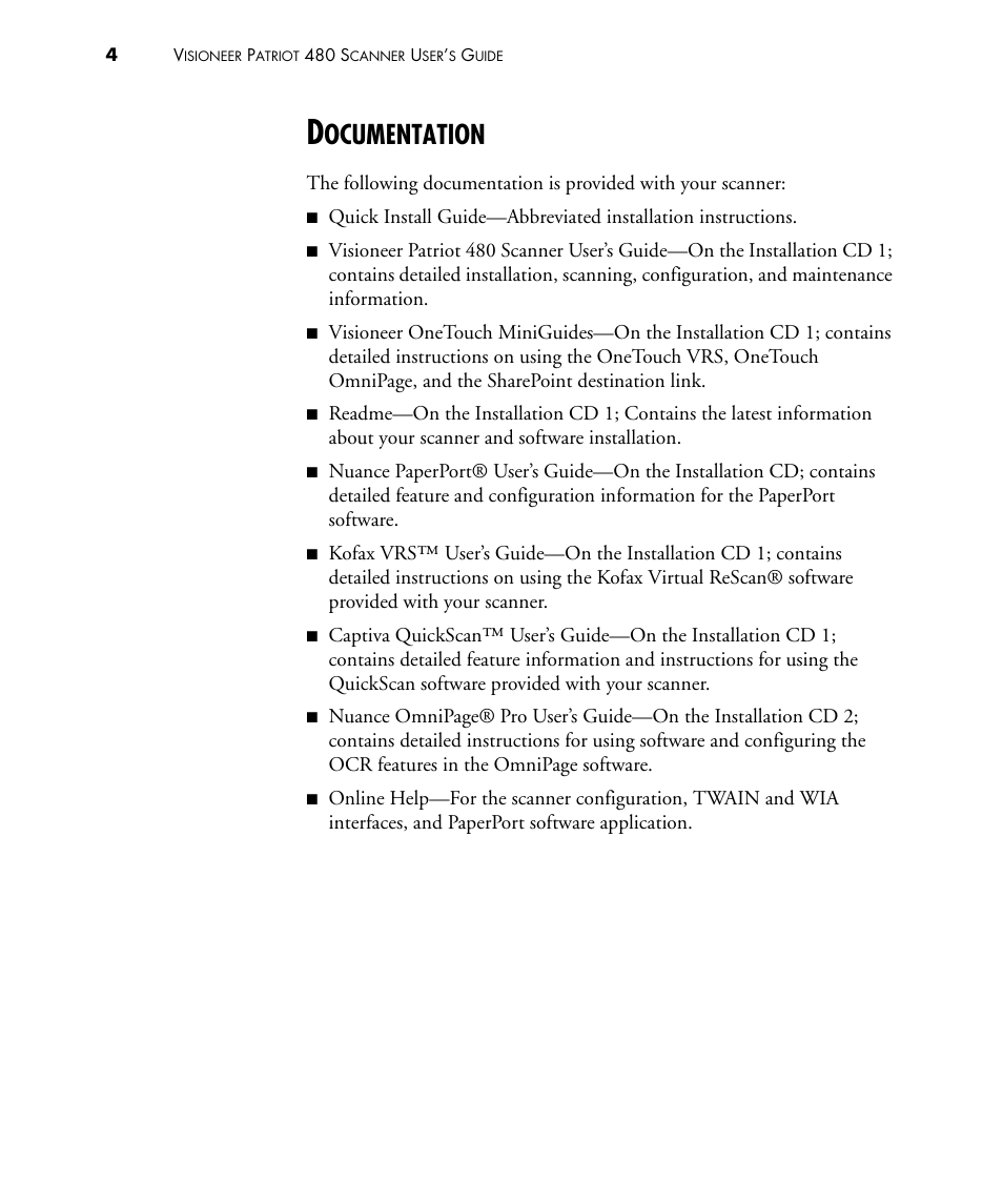 Documentation, Ocumentation | Visioneer PATRIOT 480 User Manual | Page 9 / 114