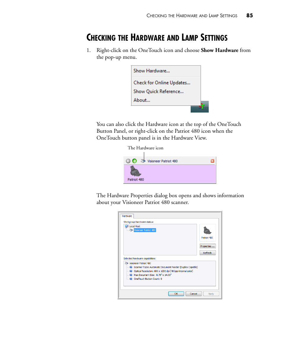 Checking the hardware and lamp settings, Hecking, Ardware | Ettings | Visioneer PATRIOT 480 User Manual | Page 90 / 114