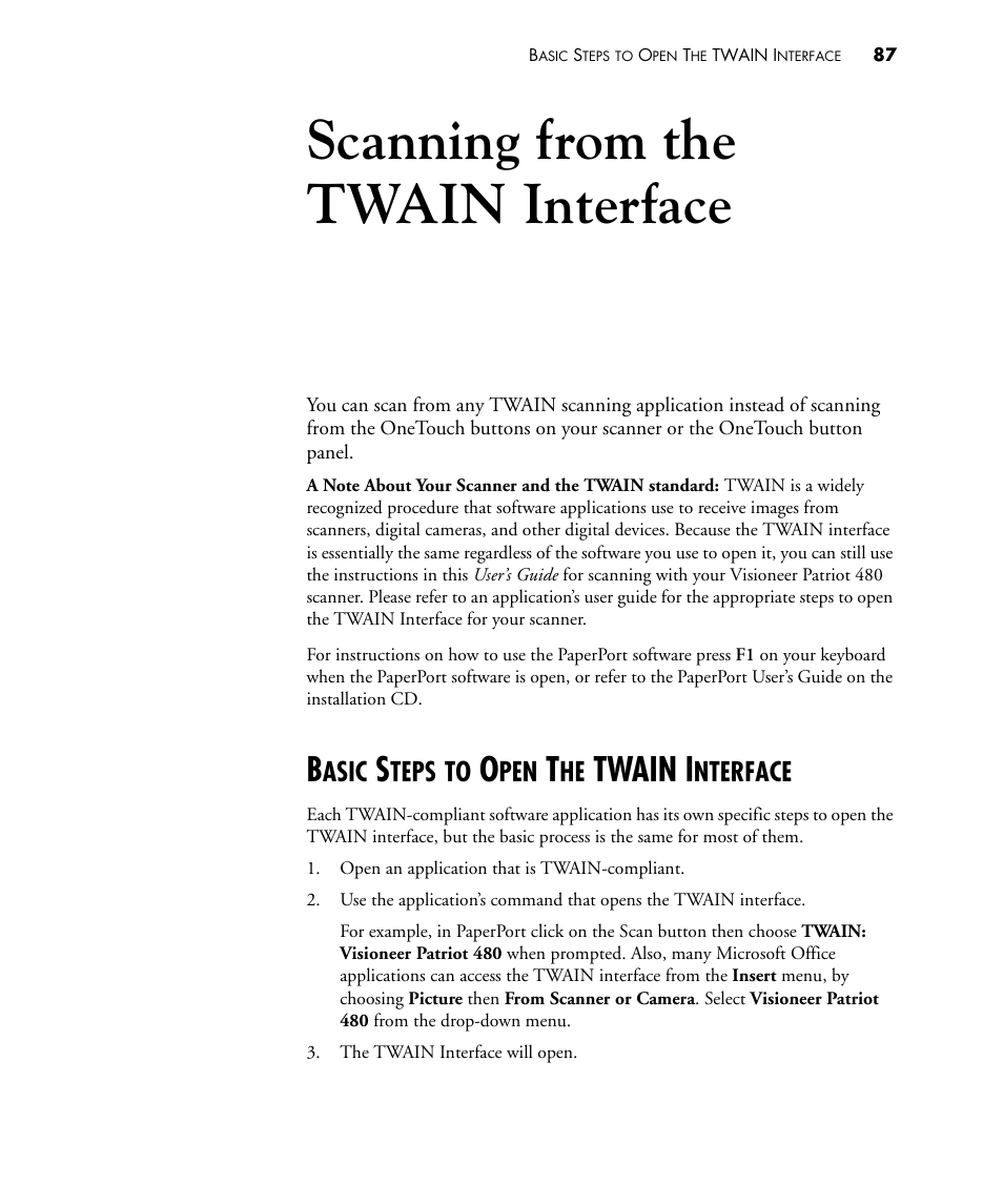 Scanning from the twain interface, Basic steps to open the twain interface, Twain i | Asic, Teps, Nterface | Visioneer PATRIOT 480 User Manual | Page 92 / 114
