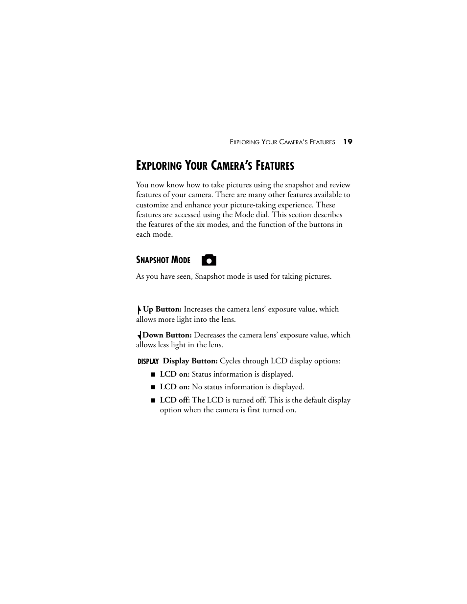 Exploring your camera’s features, Snapshot mode, Xploring | Amera, Eatures | Visioneer MX 230 User Manual | Page 25 / 68