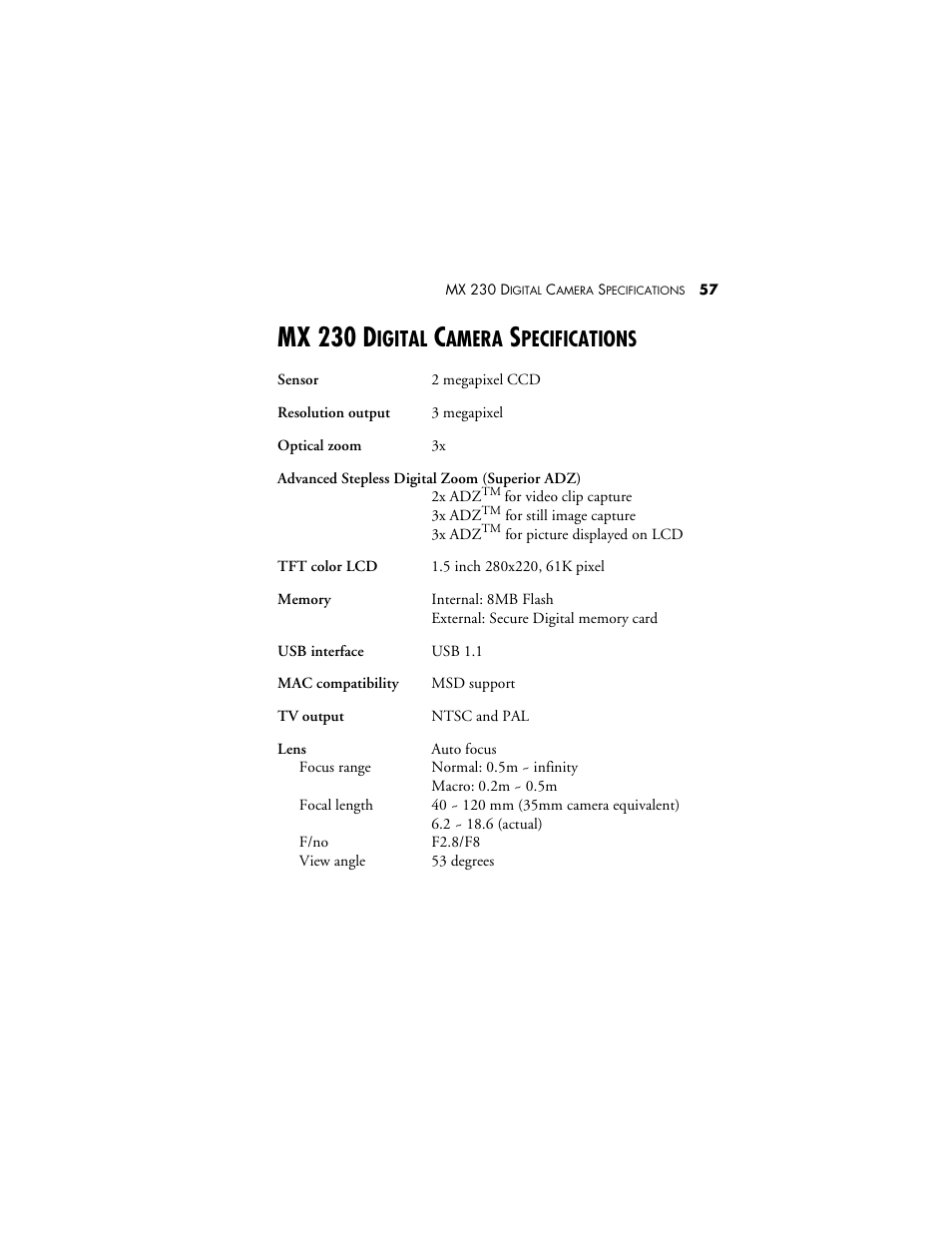 Mx 230 digital camera specifications, Mx 230 d, Igital | Amera, Pecifications | Visioneer MX 230 User Manual | Page 63 / 68