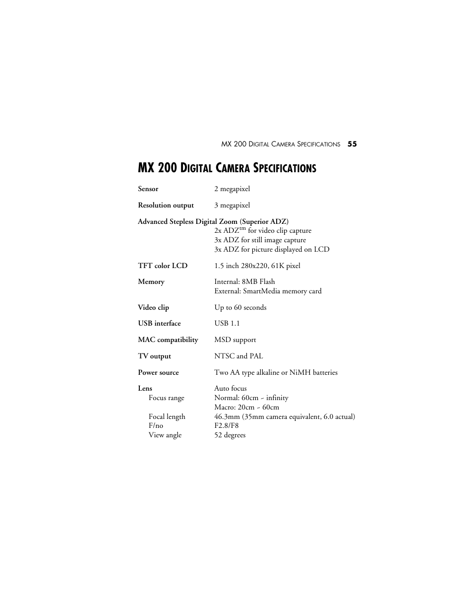 Mx 200 digital camera specifications, Mx 200 d, Igital | Amera, Pecifications | Visioneer MX 200 User Manual | Page 61 / 66