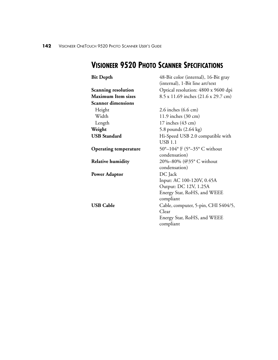 Visioneer 9520 photo scanner specifications, 9520 p, Isioneer | Hoto, Canner, Pecifications | Visioneer 9520 User Manual | Page 149 / 156