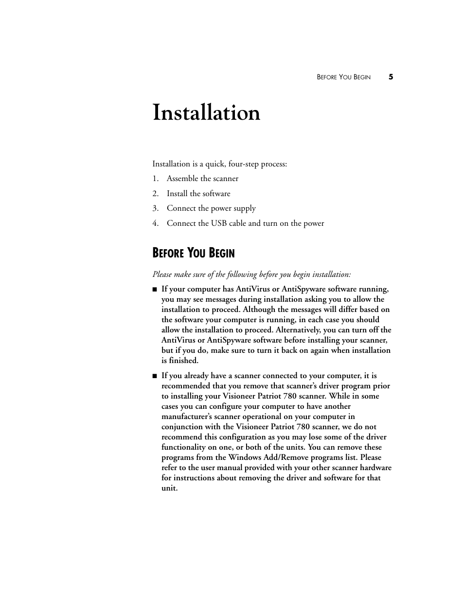 Installation, Before you begin, Efore | Egin | Visioneer Patriot 780 User Manual | Page 12 / 160