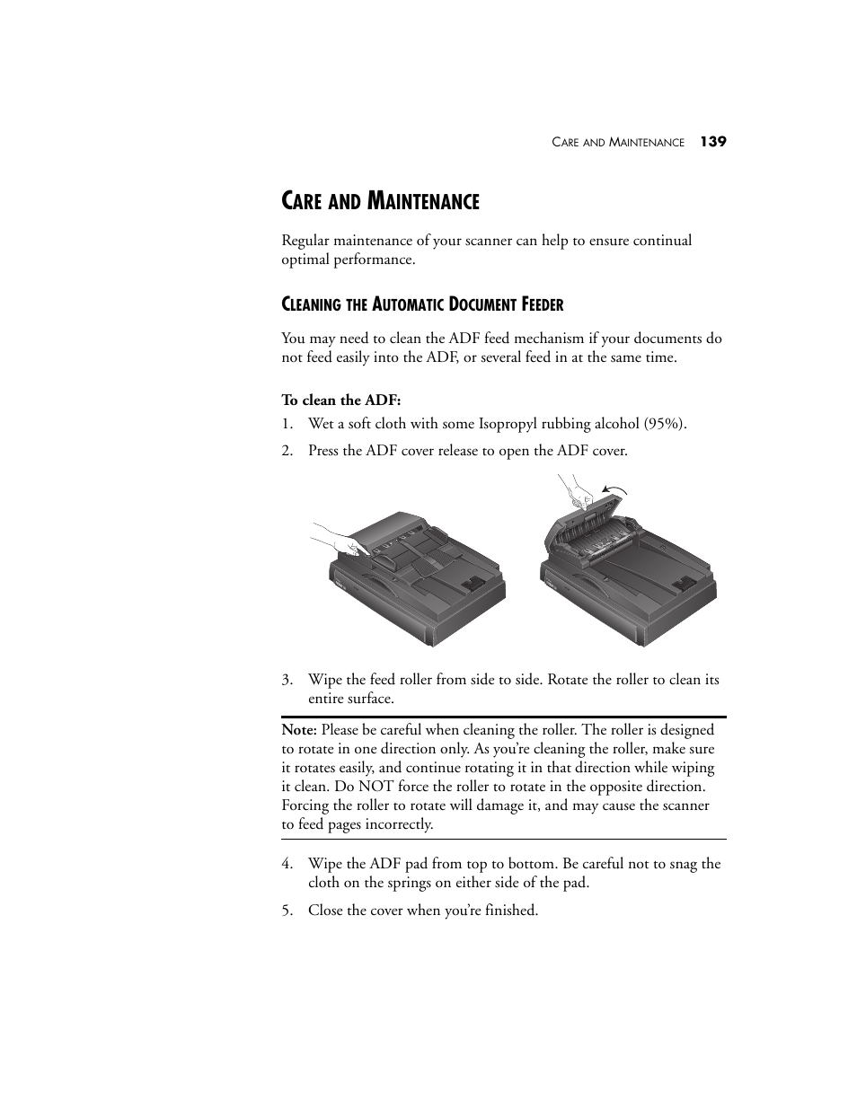 Care and maintenance, Cleaning the automatic document feeder, Aintenance | Visioneer Patriot 780 User Manual | Page 146 / 160