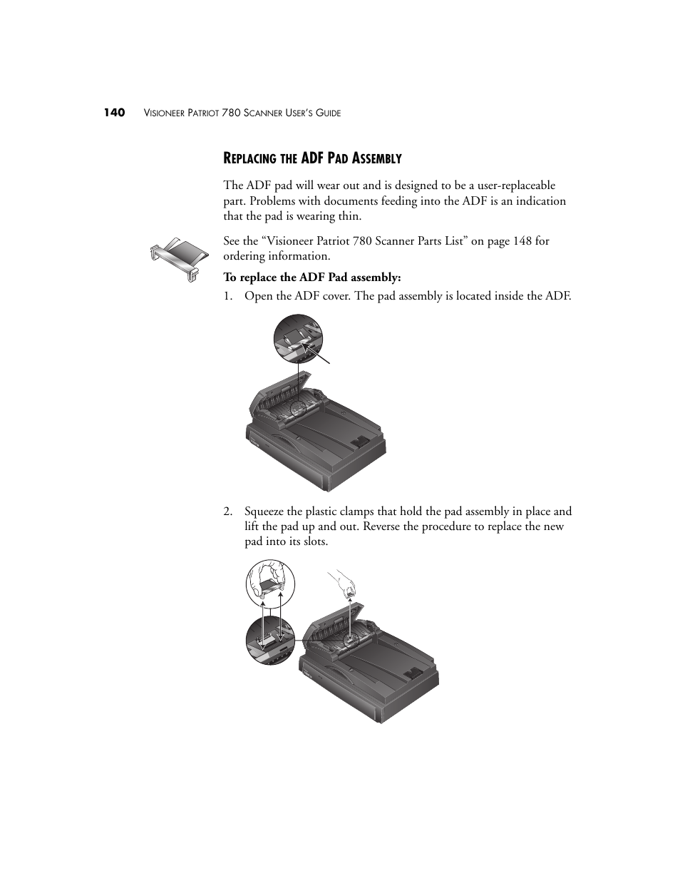 Replacing the adf pad assembly, Adf p | Visioneer Patriot 780 User Manual | Page 147 / 160