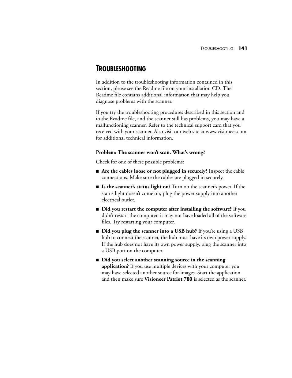 Troubleshooting, Roubleshooting | Visioneer Patriot 780 User Manual | Page 148 / 160
