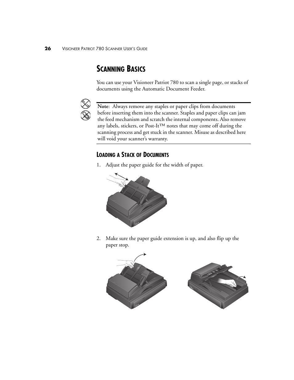 Scanning basics, Loading a stack of documents, Canning | Asics | Visioneer Patriot 780 User Manual | Page 33 / 160