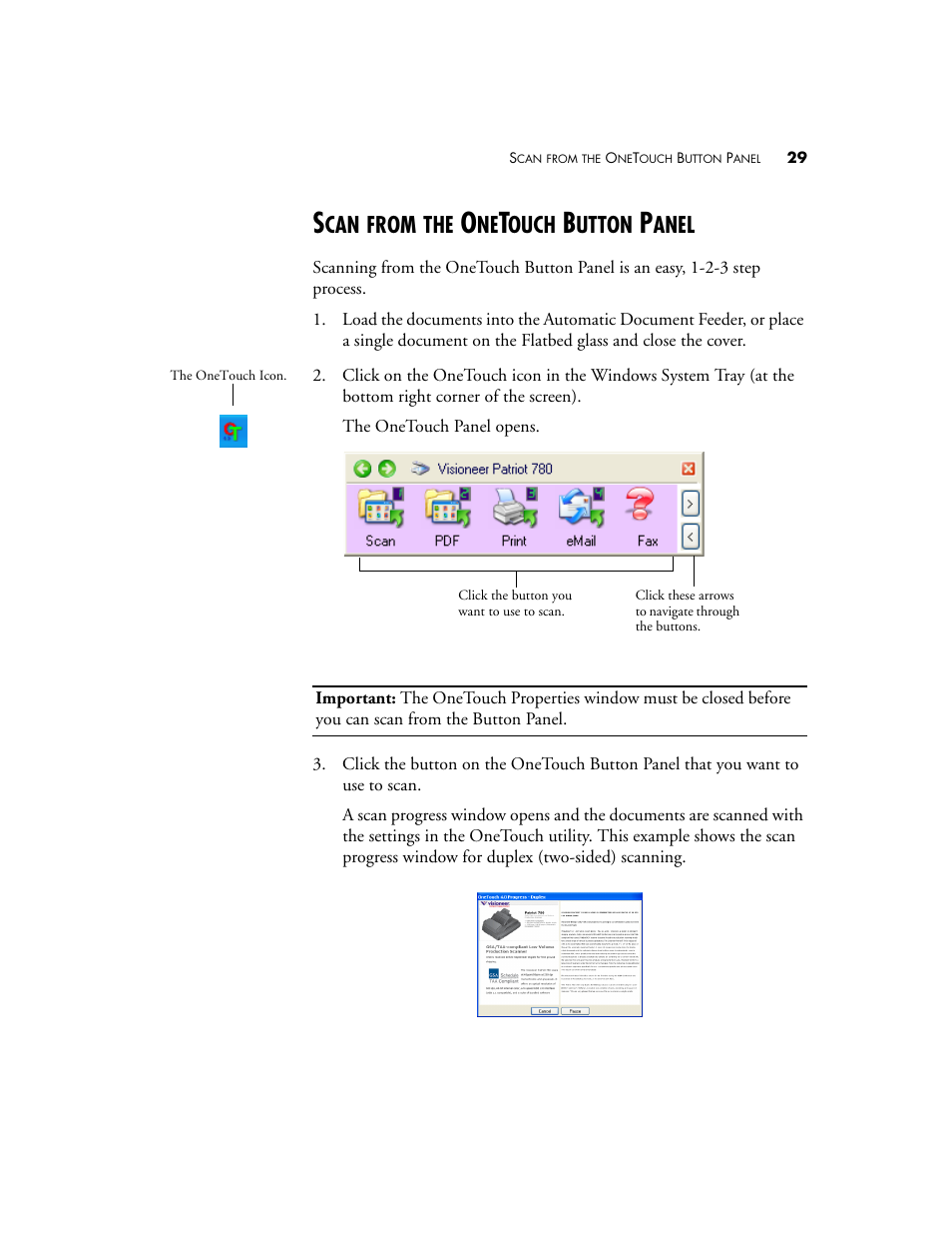 Scan from the onetouch button panel, From, Ouch | Utton, Anel | Visioneer Patriot 780 User Manual | Page 36 / 160