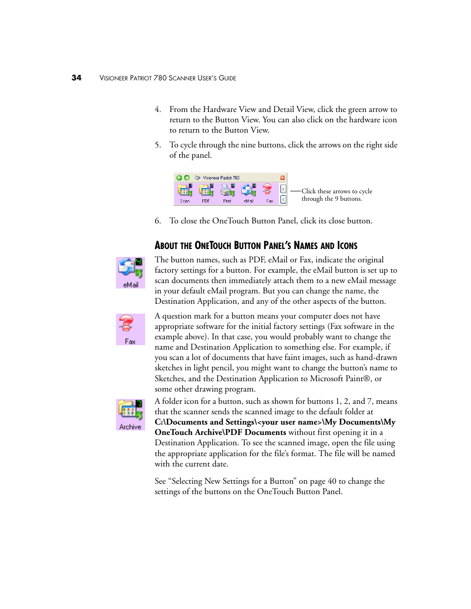 About the onetouch button panel’s names and icons | Visioneer Patriot 780 User Manual | Page 41 / 160
