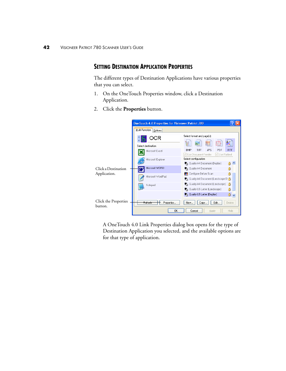 Setting destination application properties | Visioneer Patriot 780 User Manual | Page 49 / 160