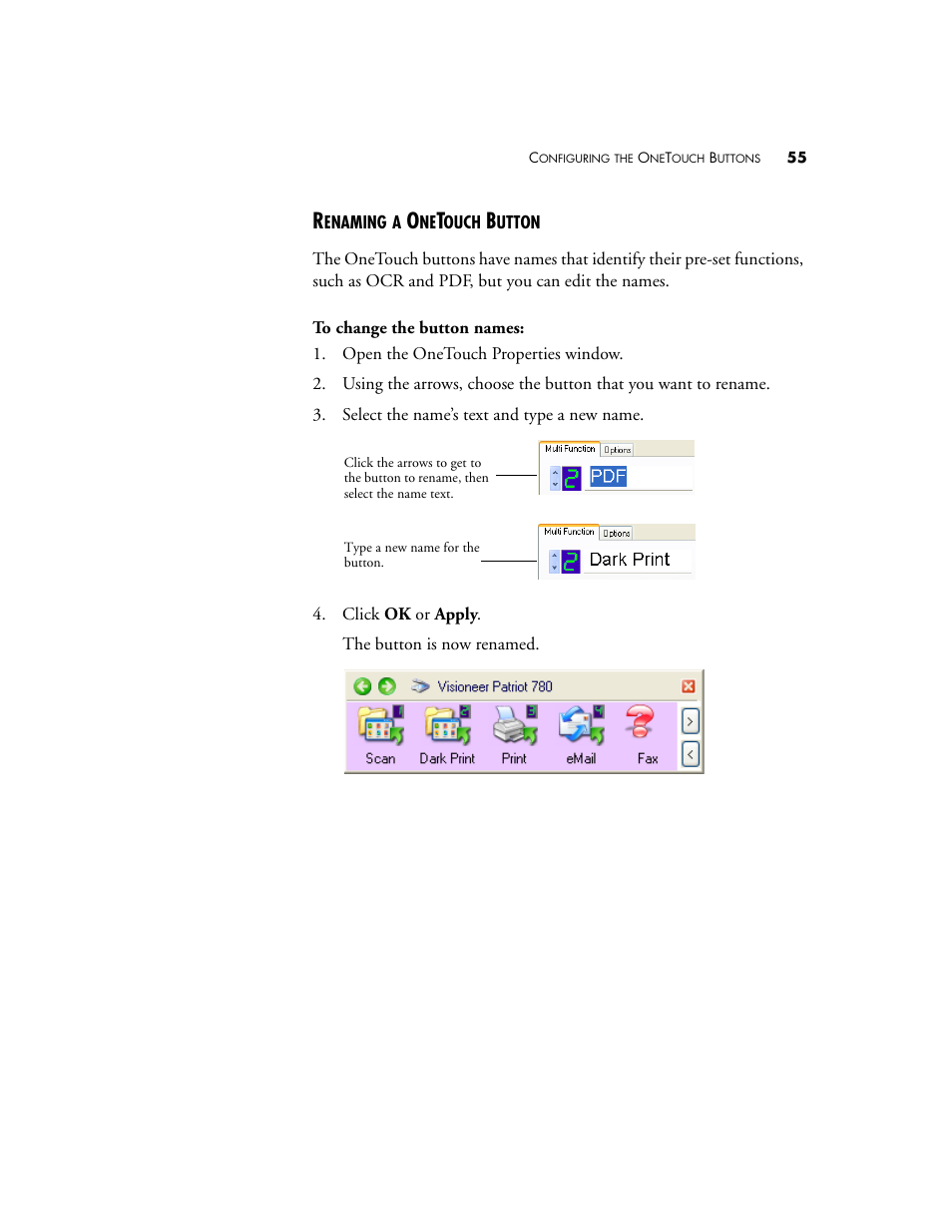Renaming a onetouch button | Visioneer Patriot 780 User Manual | Page 62 / 160