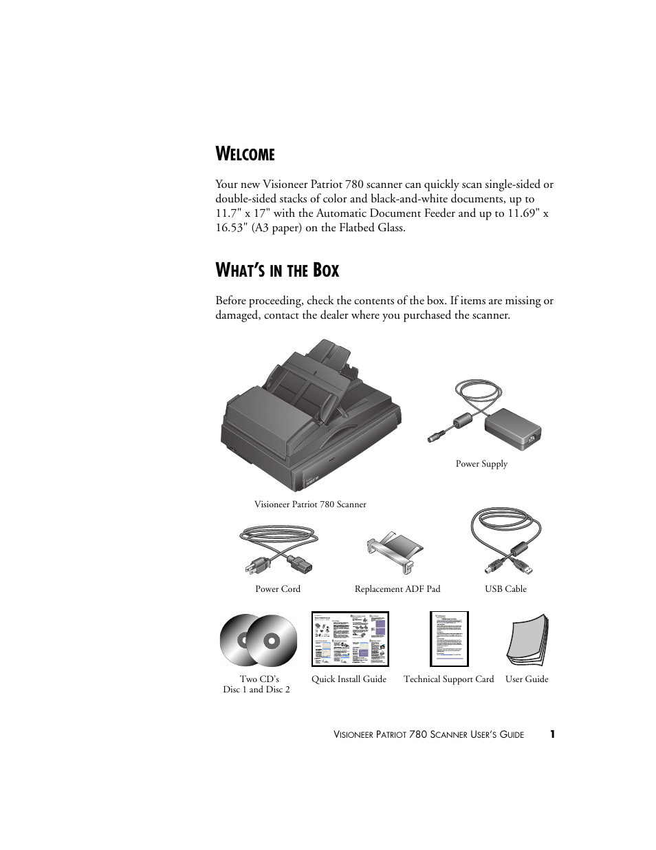 Welcome, What’s in the box, Welcome what’s in the box | Elcome | Visioneer Patriot 780 User Manual | Page 8 / 160