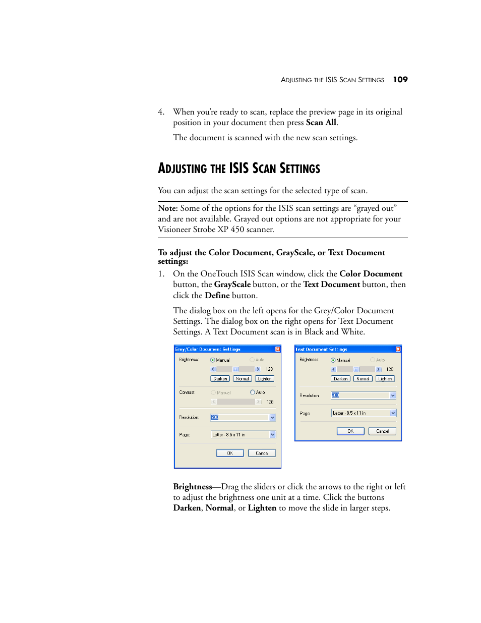 Adjusting the isis scan settings, Isis s, Djusting | Ettings | Visioneer XP 450 User Manual | Page 114 / 132