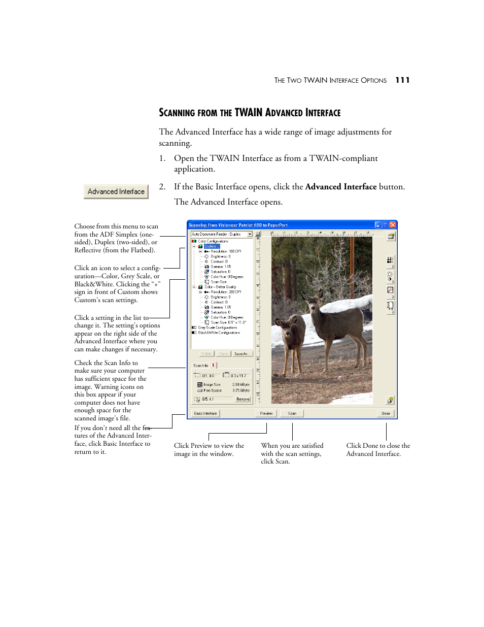 Scanning from the twain advanced interface, Twain a | Visioneer Patriot 680 User Manual | Page 118 / 158