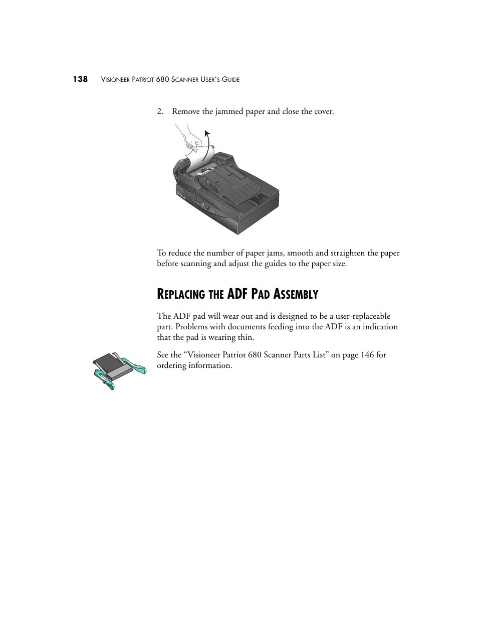 Replacing the adf pad assembly, Adf p, Eplacing | Ssembly | Visioneer Patriot 680 User Manual | Page 145 / 158