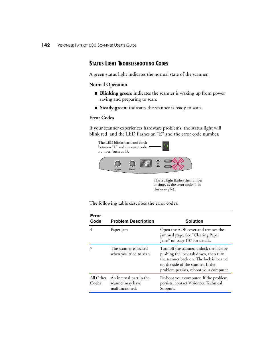 Status light troubleshooting codes | Visioneer Patriot 680 User Manual | Page 149 / 158