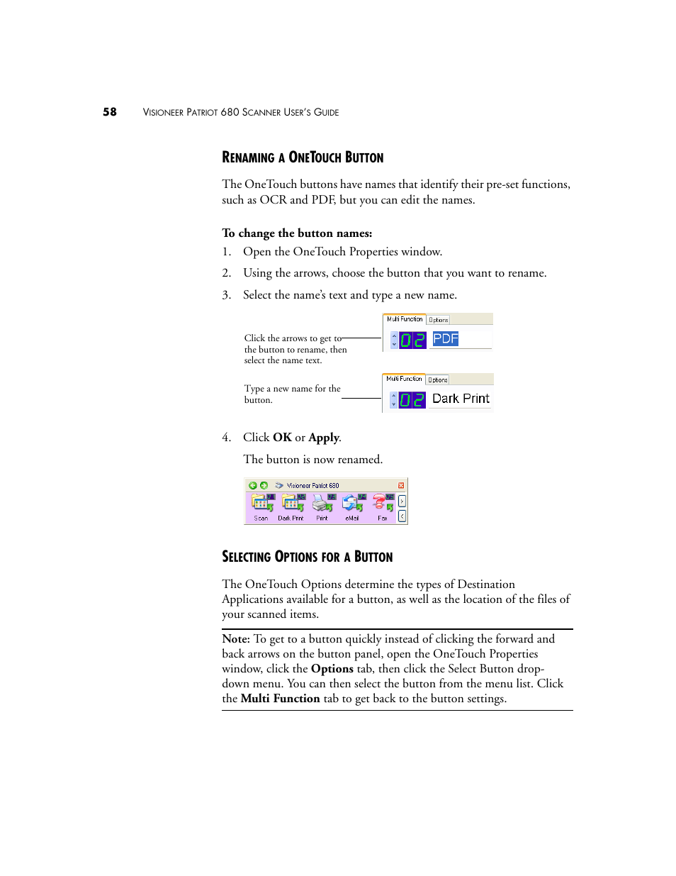 Renaming a onetouch button, Selecting options for a button | Visioneer Patriot 680 User Manual | Page 65 / 158