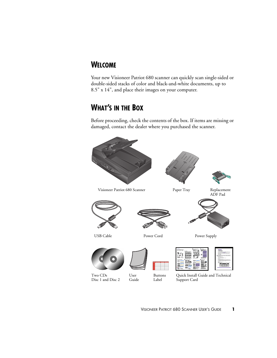 Welcome, What’s in the box, Welcome what’s in the box | Elcome | Visioneer Patriot 680 User Manual | Page 8 / 158
