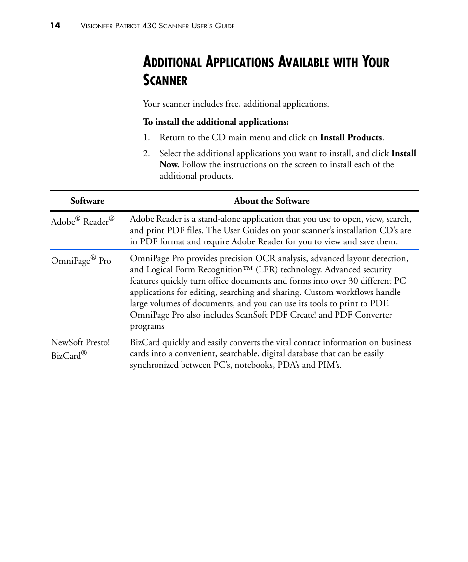 Dditional, Pplications, Vailable | With, Canner | Visioneer PATRIOT 430 User Manual | Page 19 / 98