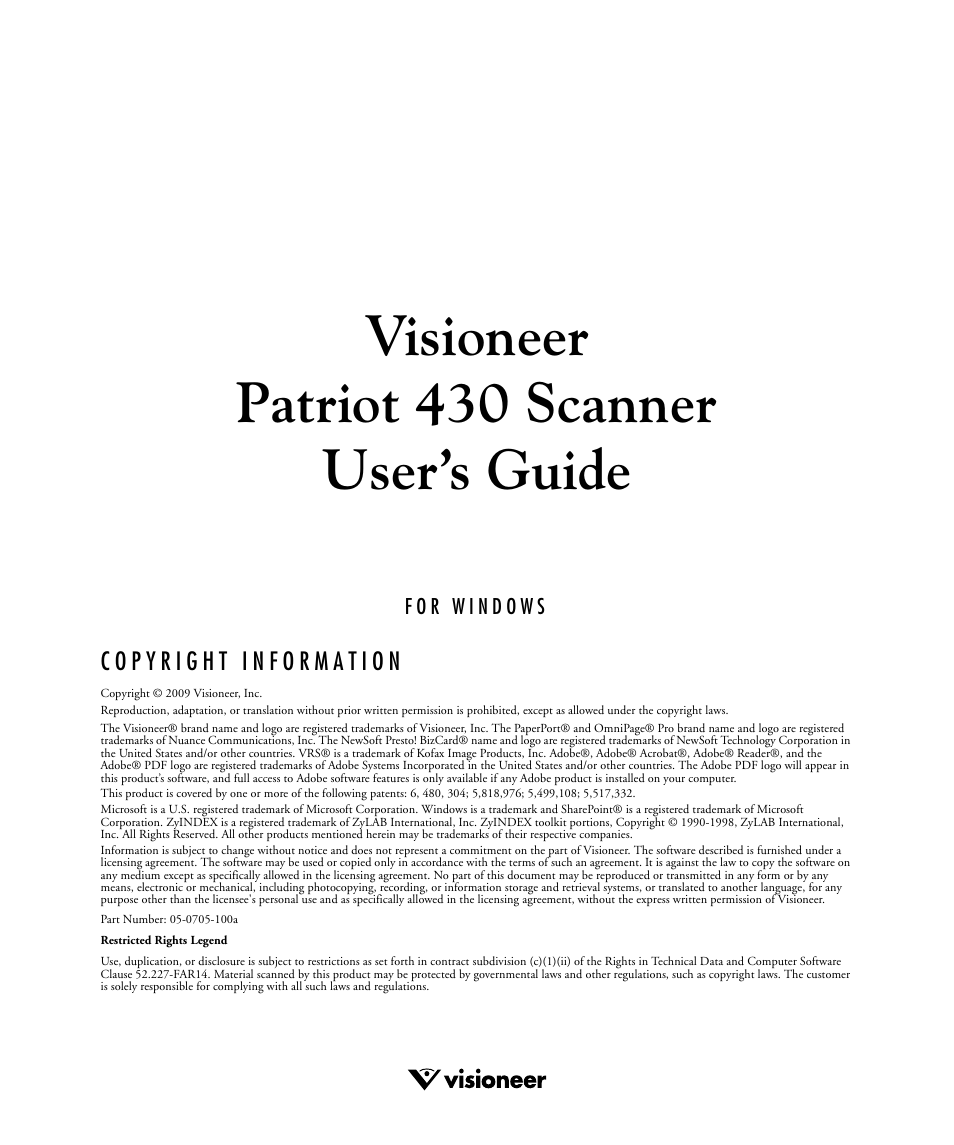 Visioneer patriot 430 scanner user’s guide | Visioneer PATRIOT 430 User Manual | Page 2 / 98