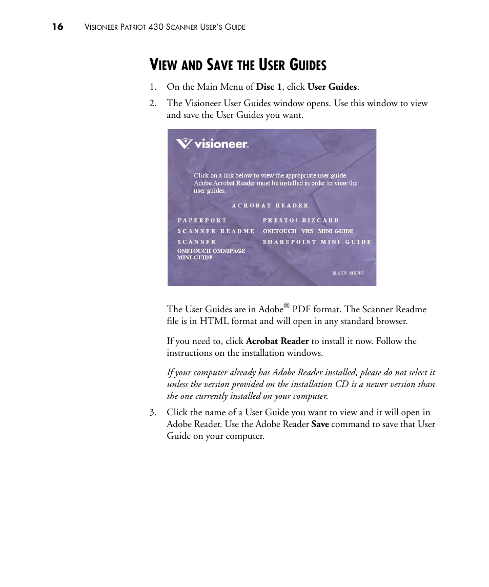 View and save the user guides, Uides | Visioneer PATRIOT 430 User Manual | Page 21 / 98