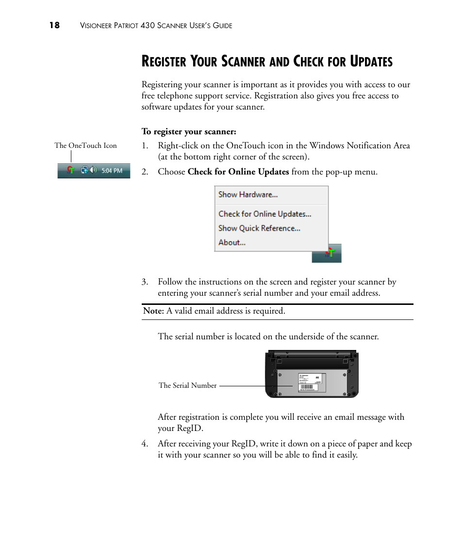 Register your scanner and check for updates, Egister, Canner | Heck, Pdates | Visioneer PATRIOT 430 User Manual | Page 23 / 98