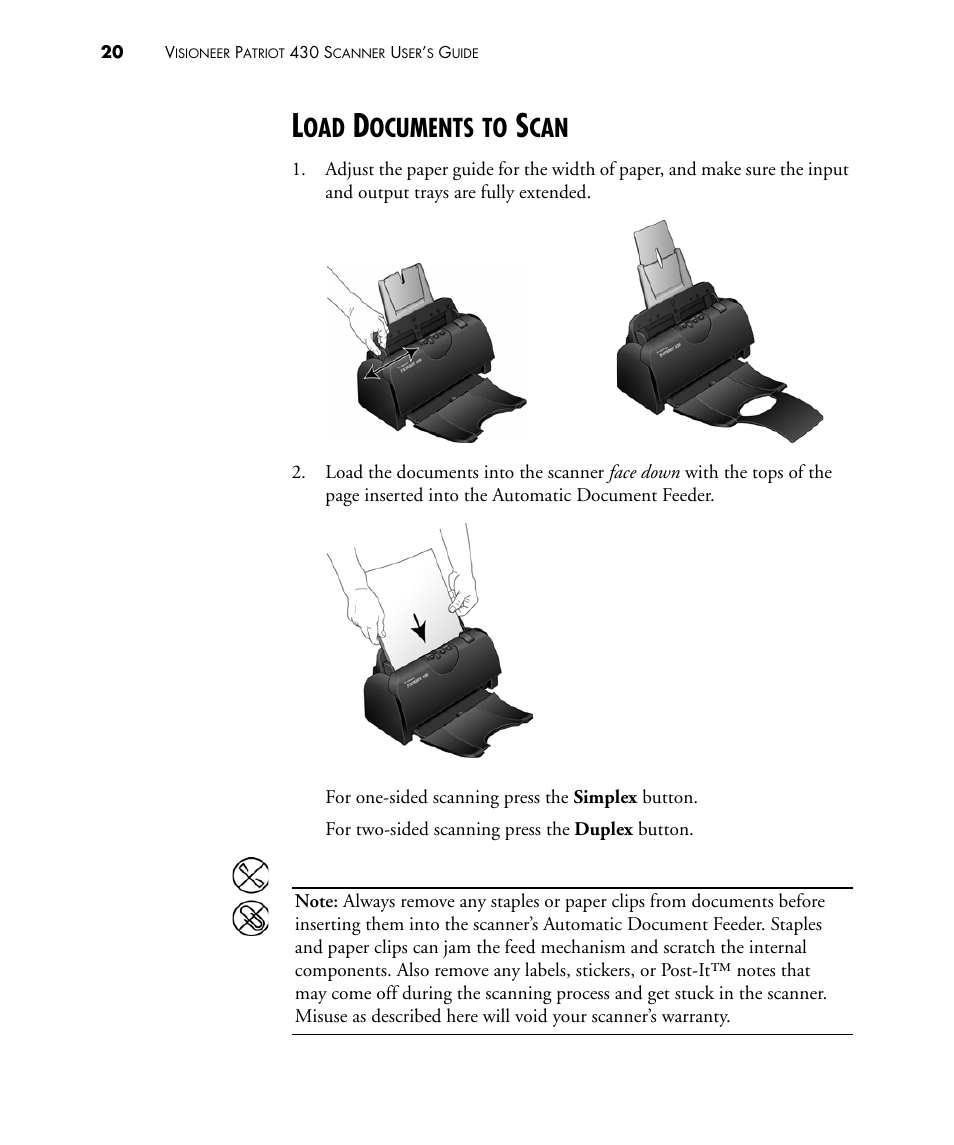 Load documents to scan, Ocuments | Visioneer PATRIOT 430 User Manual | Page 25 / 98