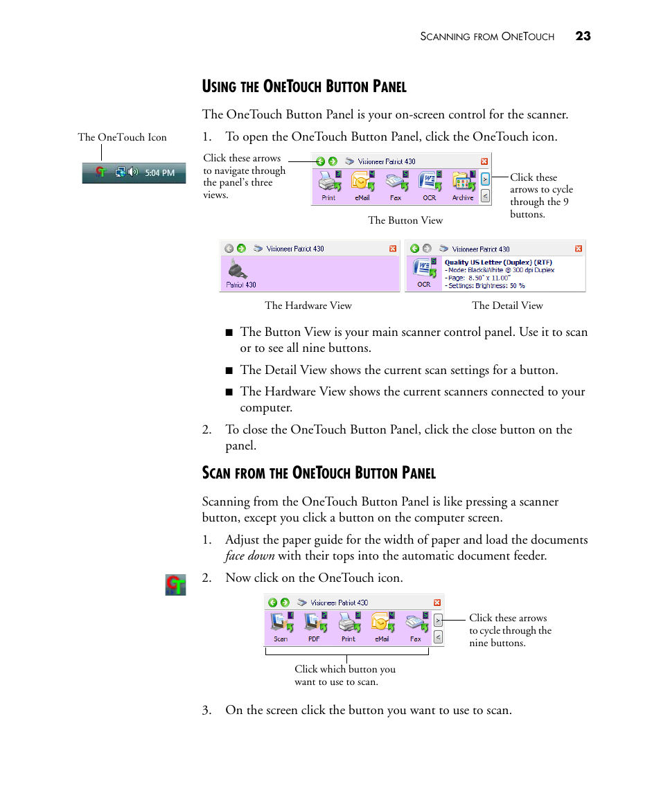 Using the onetouch button panel, Scan from the onetouch button panel | Visioneer PATRIOT 430 User Manual | Page 28 / 98