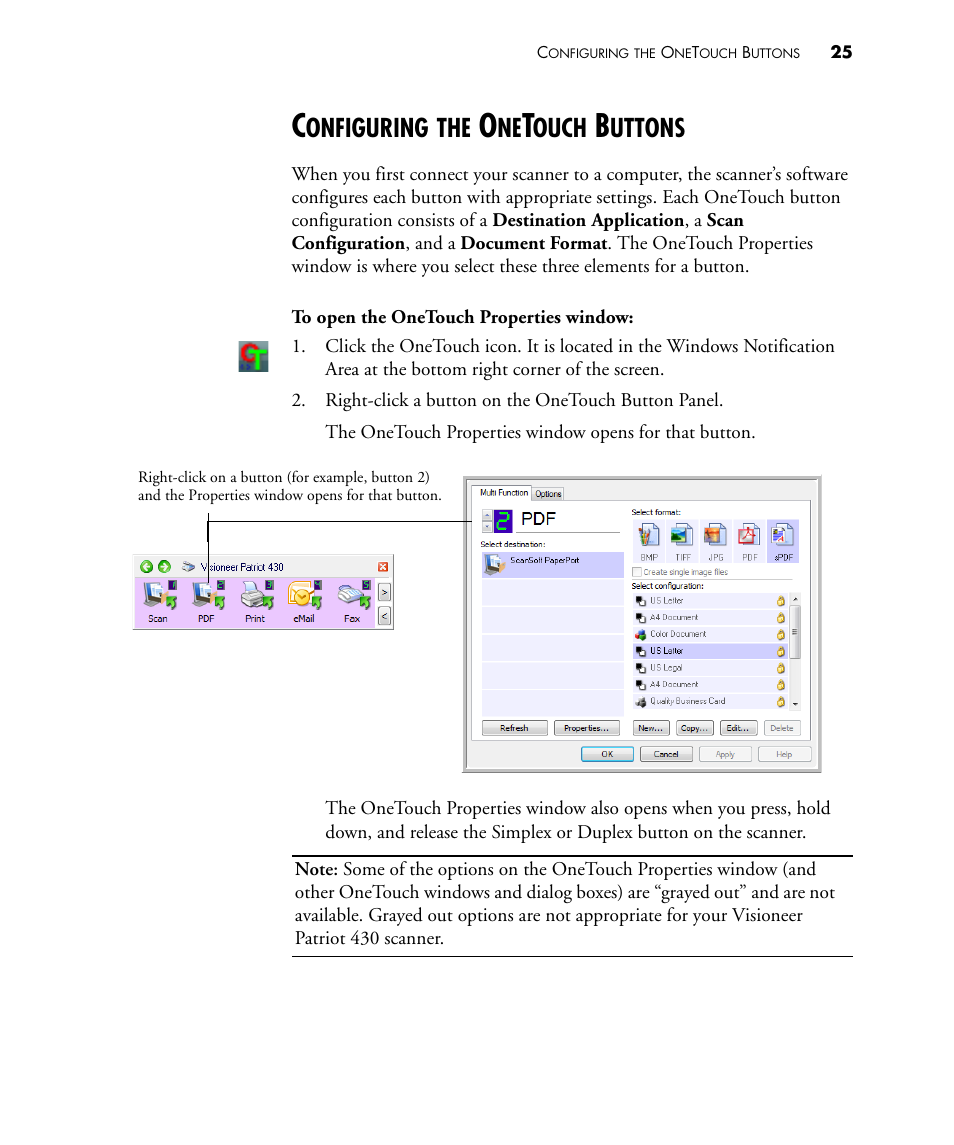 Configuring the onetouch buttons, Onfiguring, Ouch | Uttons | Visioneer PATRIOT 430 User Manual | Page 30 / 98