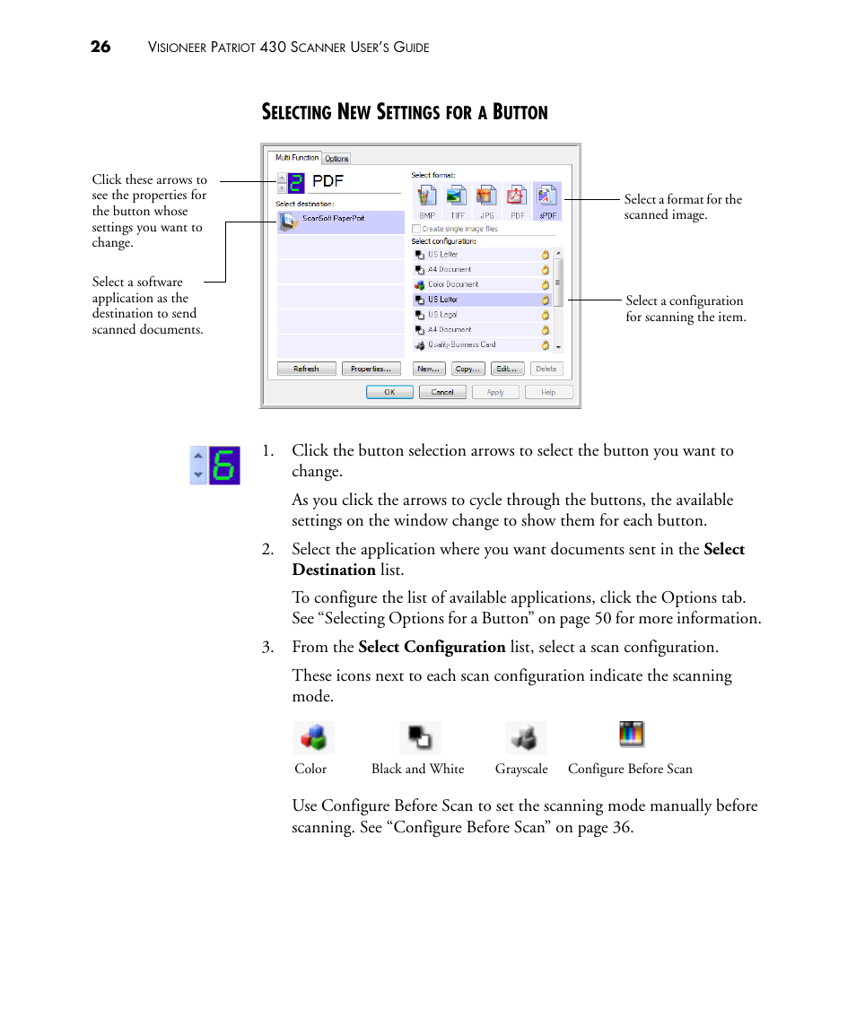 Selecting new settings for a button | Visioneer PATRIOT 430 User Manual | Page 31 / 98