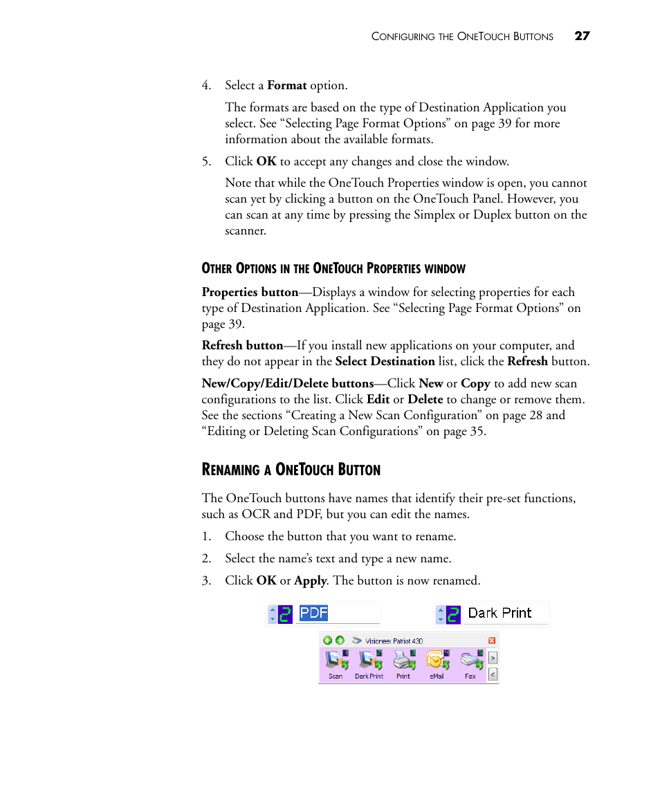 Renaming a onetouch button | Visioneer PATRIOT 430 User Manual | Page 32 / 98
