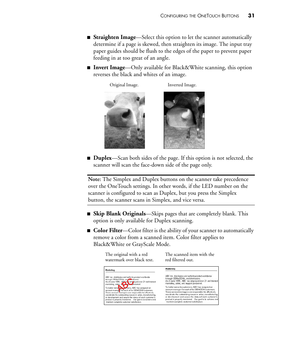 Straighten image, Invert image, Duplex | Skip blank originals, Color filter | Visioneer PATRIOT 430 User Manual | Page 36 / 98