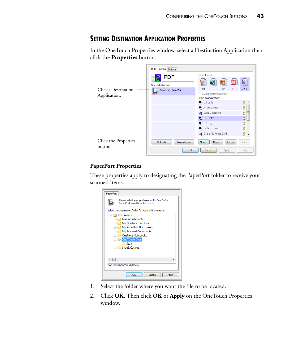 Setting destination application properties | Visioneer PATRIOT 430 User Manual | Page 48 / 98