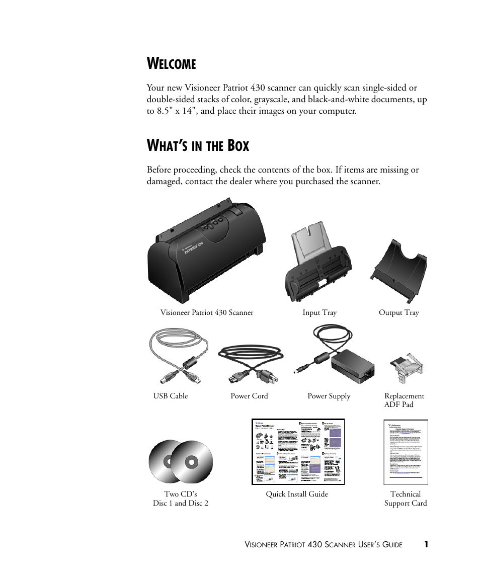 Welcome, What’s in the box, Welcome what’s in the box | Elcome | Visioneer PATRIOT 430 User Manual | Page 6 / 98