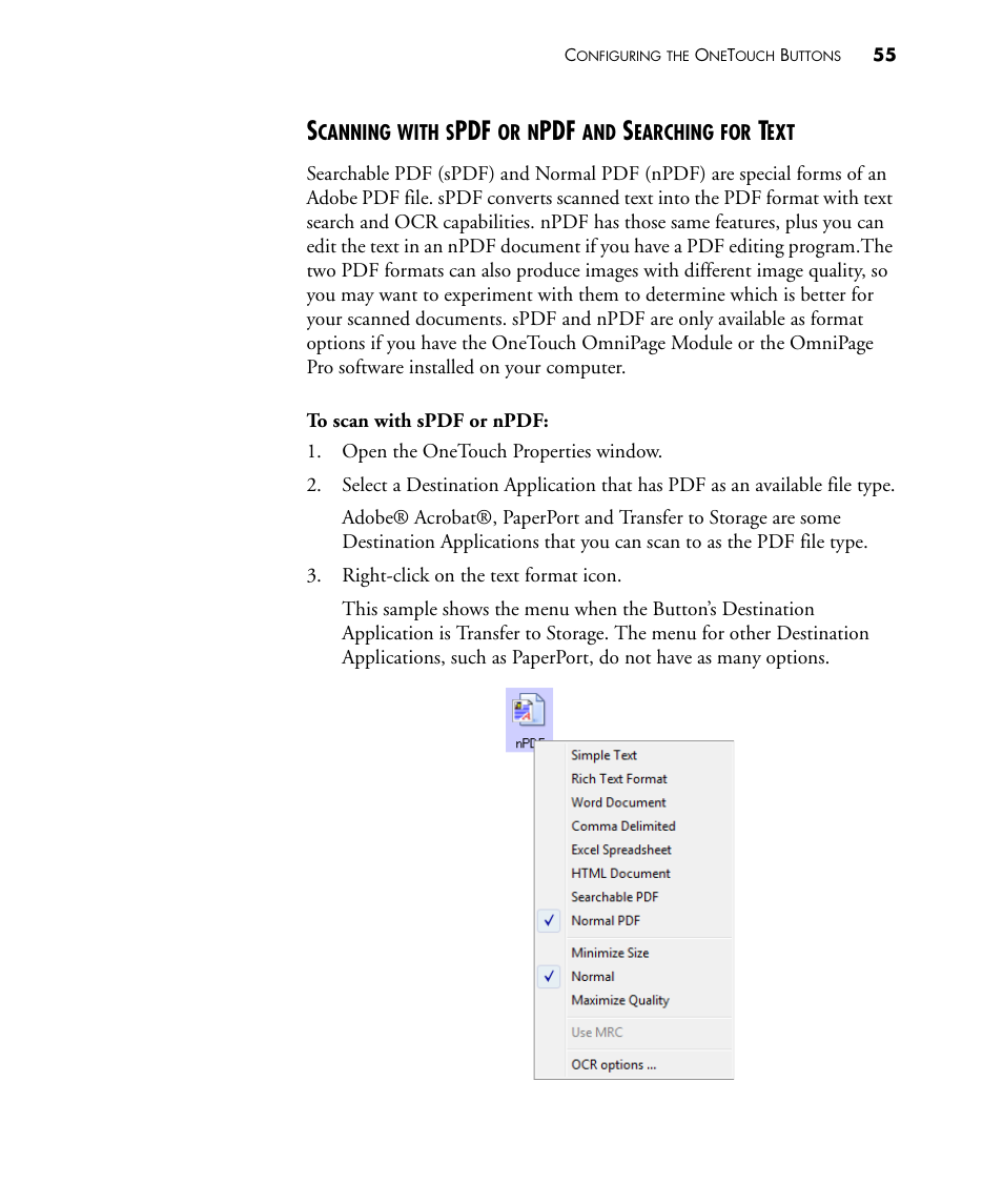 Scanning with spdf or npdf and searching for text | Visioneer PATRIOT 430 User Manual | Page 60 / 98