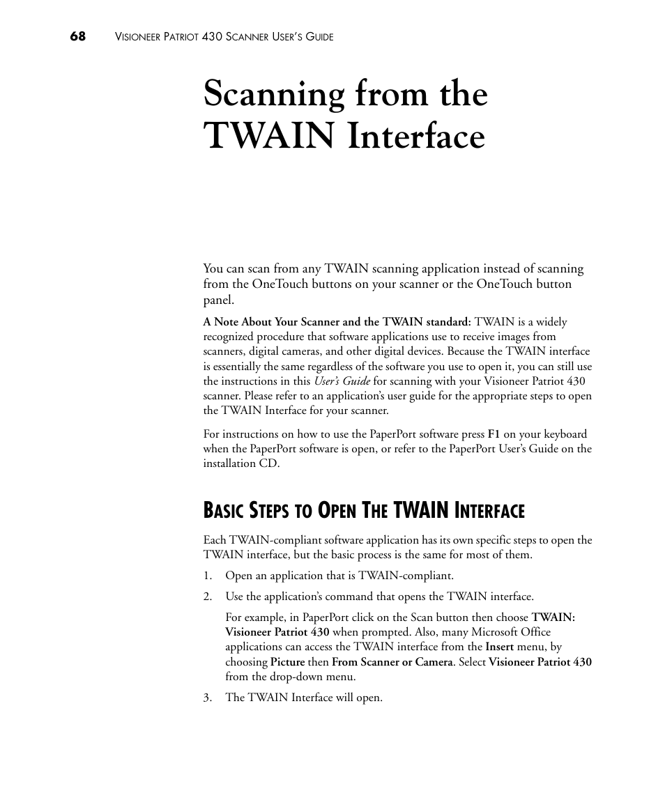 Scanning from the twain interface, Basic steps to open the twain interface, Twain i | Asic, Teps, Nterface | Visioneer PATRIOT 430 User Manual | Page 73 / 98