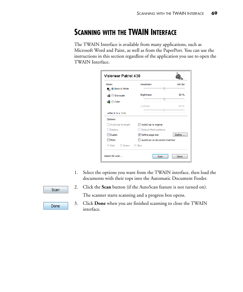 Scanning with the twain interface, Twain i, Canning | With, Nterface | Visioneer PATRIOT 430 User Manual | Page 74 / 98