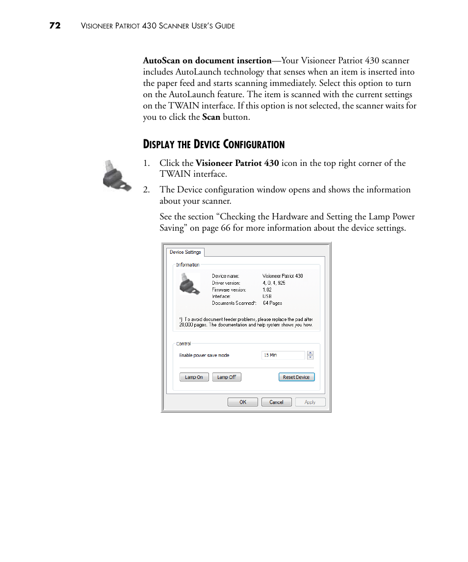 Display the device configuration | Visioneer PATRIOT 430 User Manual | Page 77 / 98