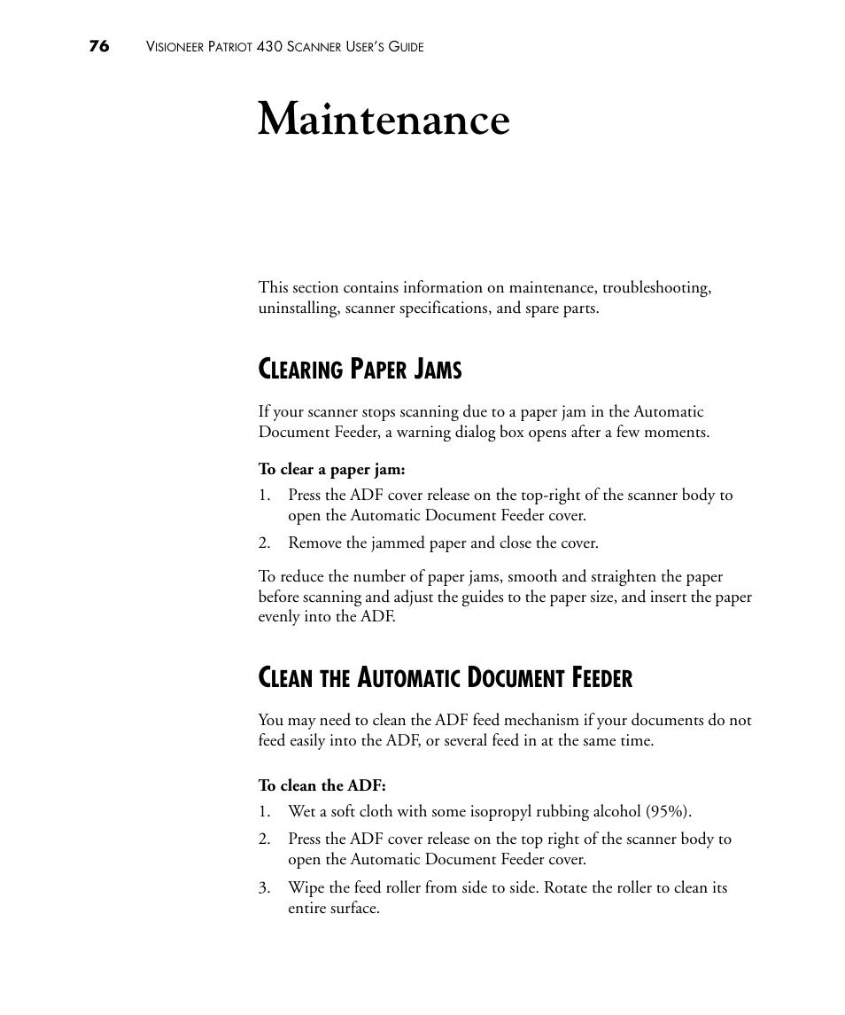 Maintenance, Clearing paper jams, Clean the automatic document feeder | Learing, Aper, Lean, Utomatic, Ocument, Eeder | Visioneer PATRIOT 430 User Manual | Page 81 / 98