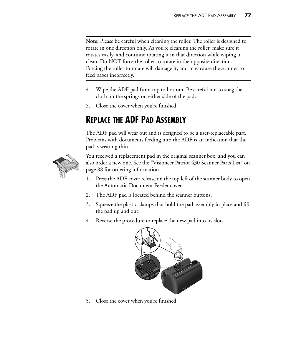 Replace the adf pad assembly, Adf p, Eplace | Ssembly | Visioneer PATRIOT 430 User Manual | Page 82 / 98
