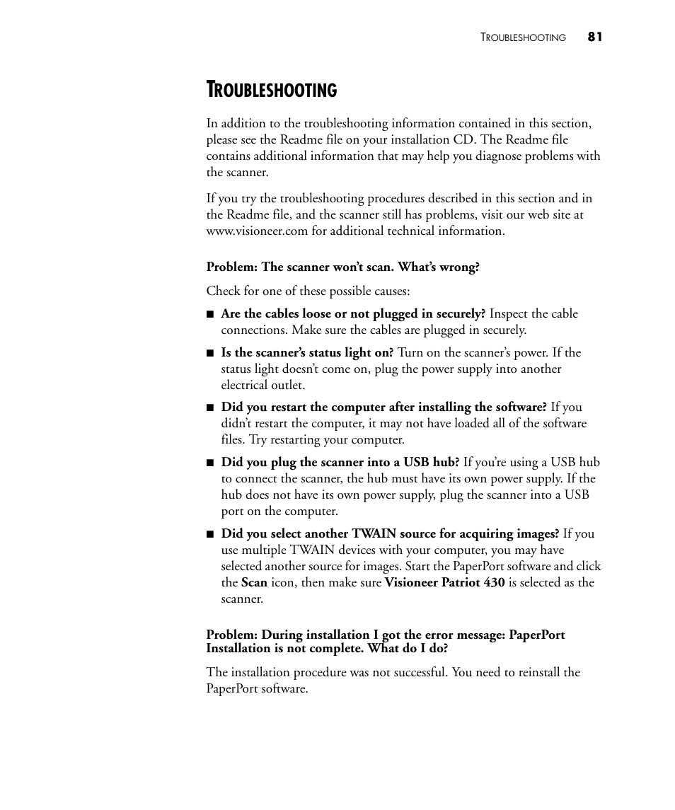 Troubleshooting, Roubleshooting | Visioneer PATRIOT 430 User Manual | Page 86 / 98