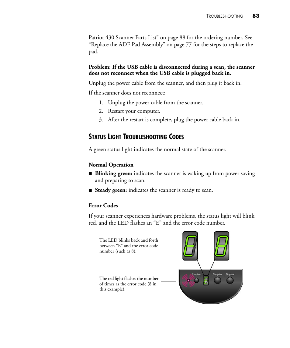 Status light troubleshooting codes | Visioneer PATRIOT 430 User Manual | Page 88 / 98