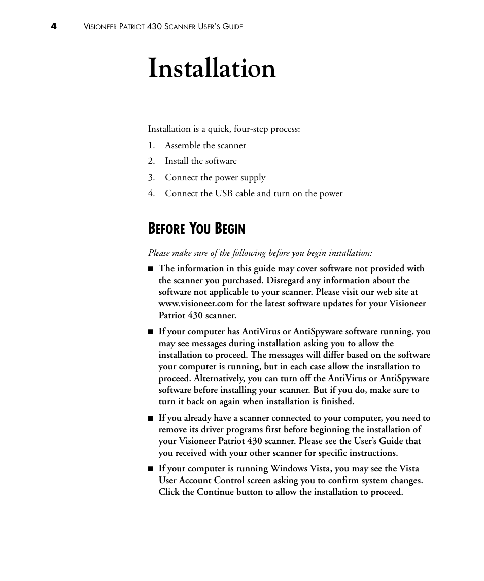 Installation, Before you begin, Efore | Egin | Visioneer PATRIOT 430 User Manual | Page 9 / 98