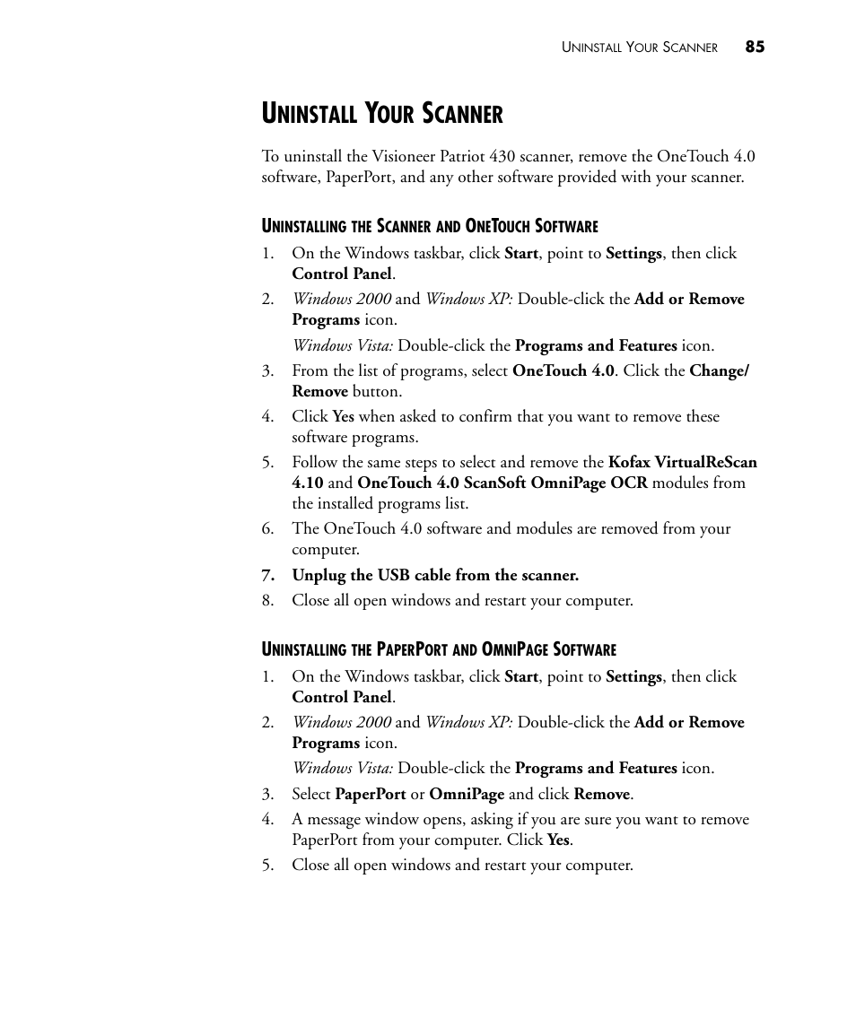 Uninstall your scanner, Ninstall, Canner | Visioneer PATRIOT 430 User Manual | Page 90 / 98