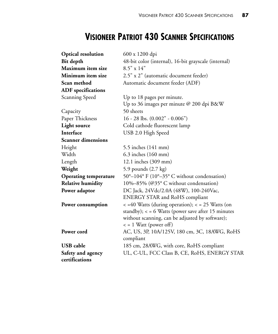 Visioneer patriot 430 scanner specifications, 430 s, Isioneer | Atriot, Canner, Pecifications | Visioneer PATRIOT 430 User Manual | Page 92 / 98