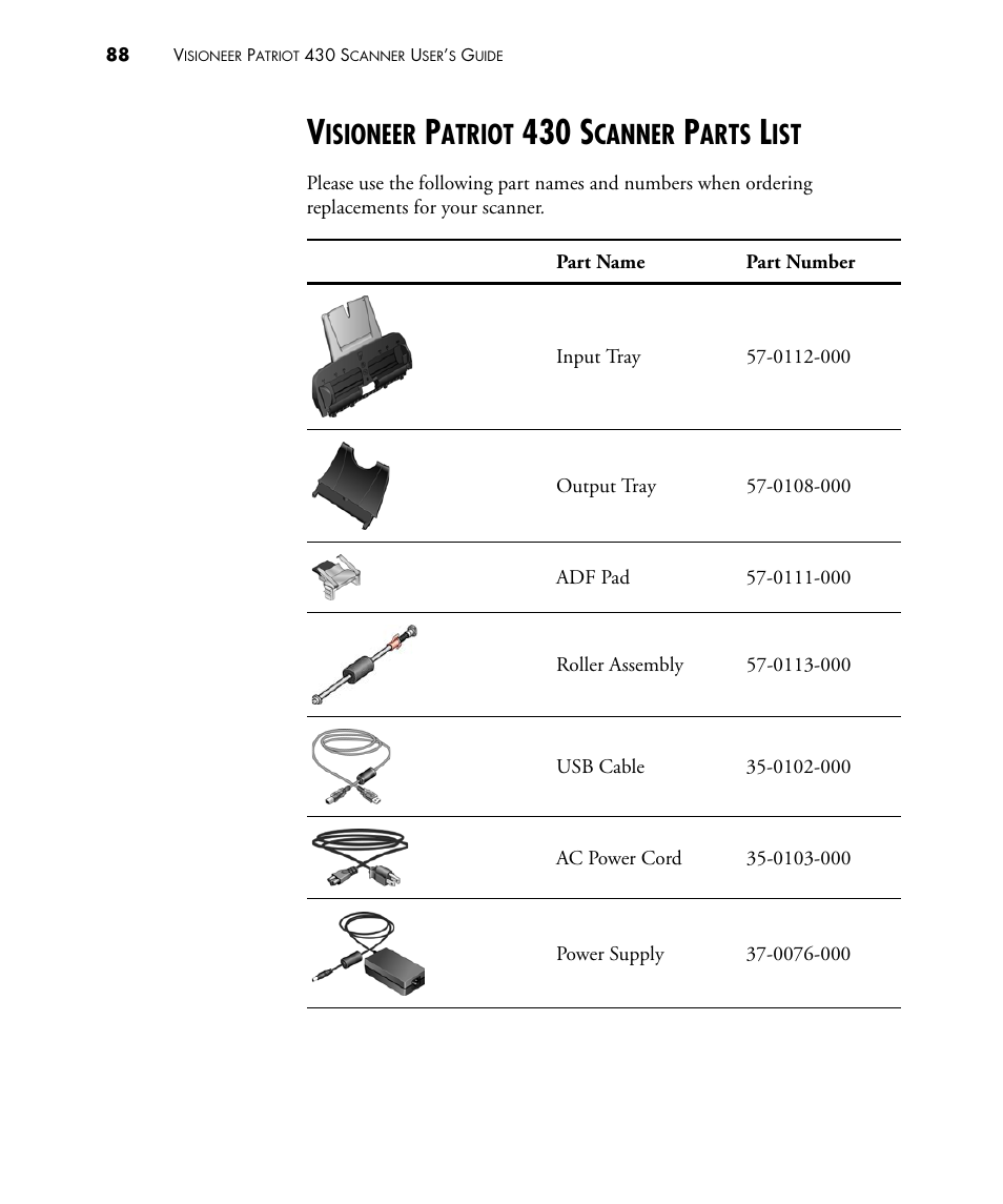 Visioneer patriot 430 scanner parts list, E “visioneer, 430 s | Isioneer, Atriot, Canner, Arts | Visioneer PATRIOT 430 User Manual | Page 93 / 98