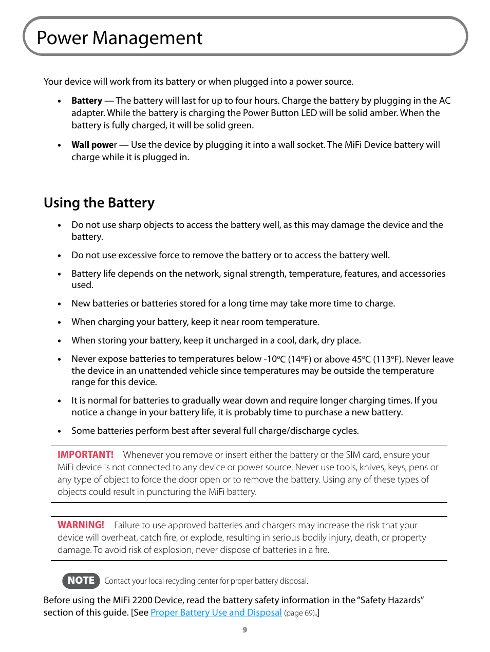 Power management, Using the battery | Virgin Mobile MIFI 2200 User Manual | Page 10 / 78