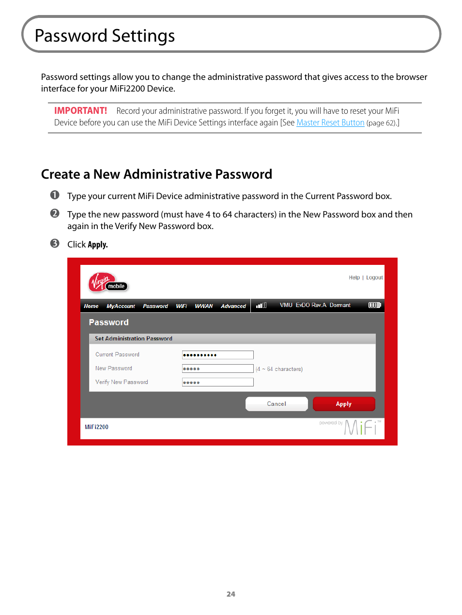 Password settings, Create a new administrative password | Virgin Mobile MIFI 2200 User Manual | Page 25 / 78