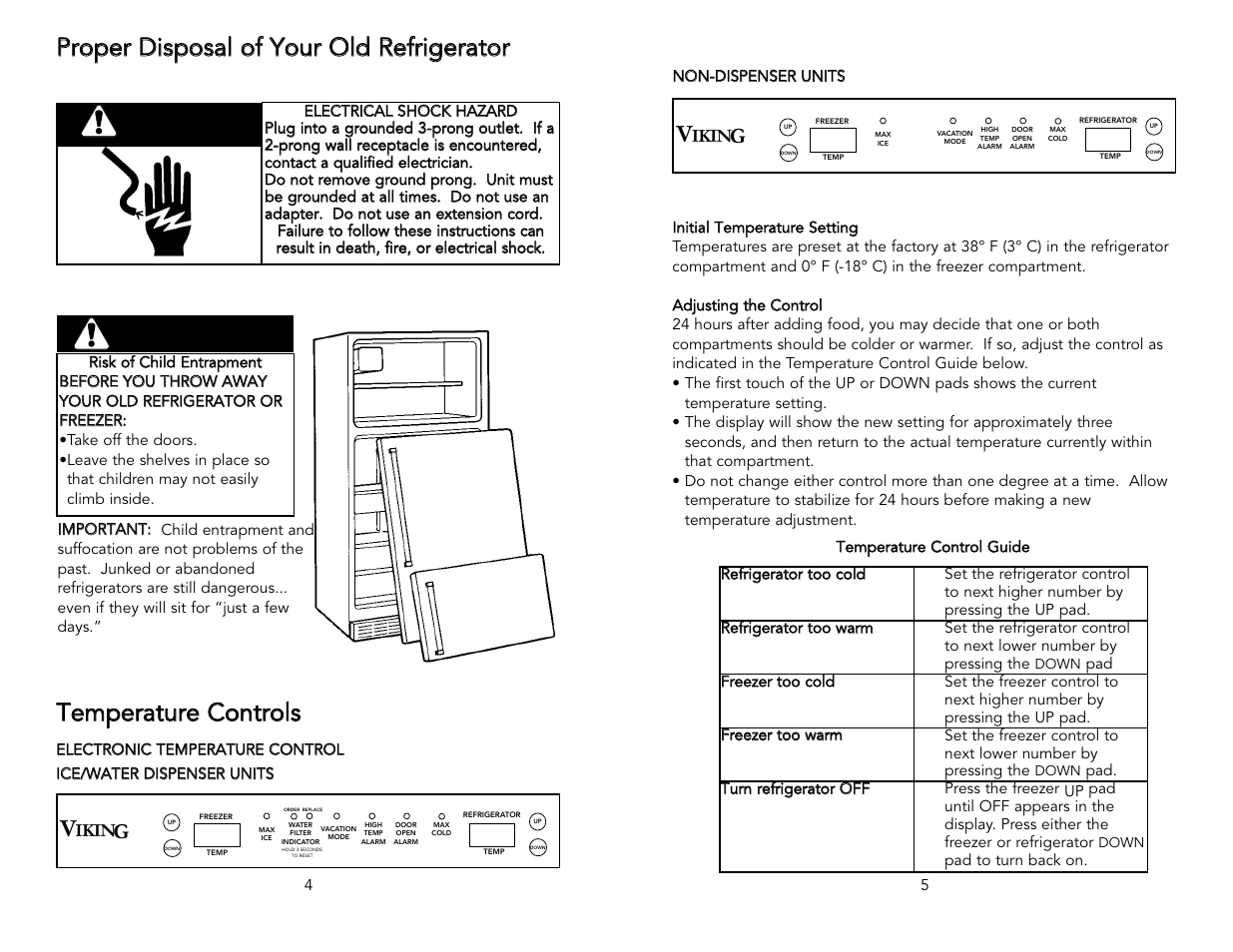 Danger, Warning v, Tte em mp pe erraattu urre e c co on nttrro ollss | Viking Freestanding Side-by-Side Refrigerator/Freezer User Manual | Page 3 / 22